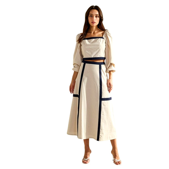 ABLE Women's Small Sand Navy Blue Contrast Trim Square Neck Top Midi Skirt Set - Picture 1 of 11